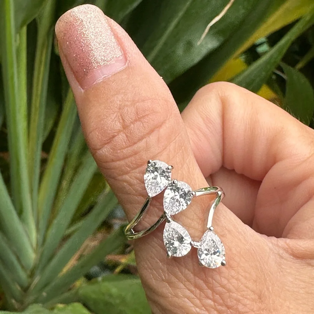 Swarovski Pear Cut Crystal Bypass Ring Sterling Silver Women's Elegant 8.75